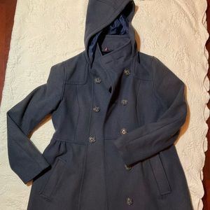 Dusty navy blue pea coat with hood